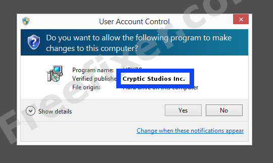 Screenshot where Cryptic Studios Inc. appears as the verified publisher in the UAC dialog